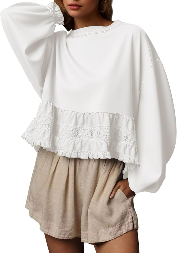 Burtell Crew Neck Crop Oversized Sweatshirts For Women Casual Long Puff Sleeve Babydoll Tops Loos... | Amazon (US)