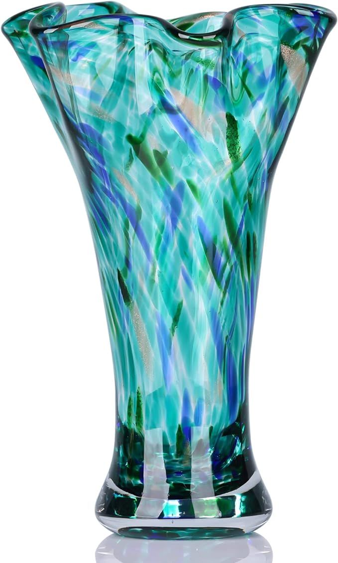 9.0" H Teal Glass Vases for Flowers, Hand Blow Glass Vase Teal Home Decor, Wide Mouth Green Flowe... | Amazon (US)