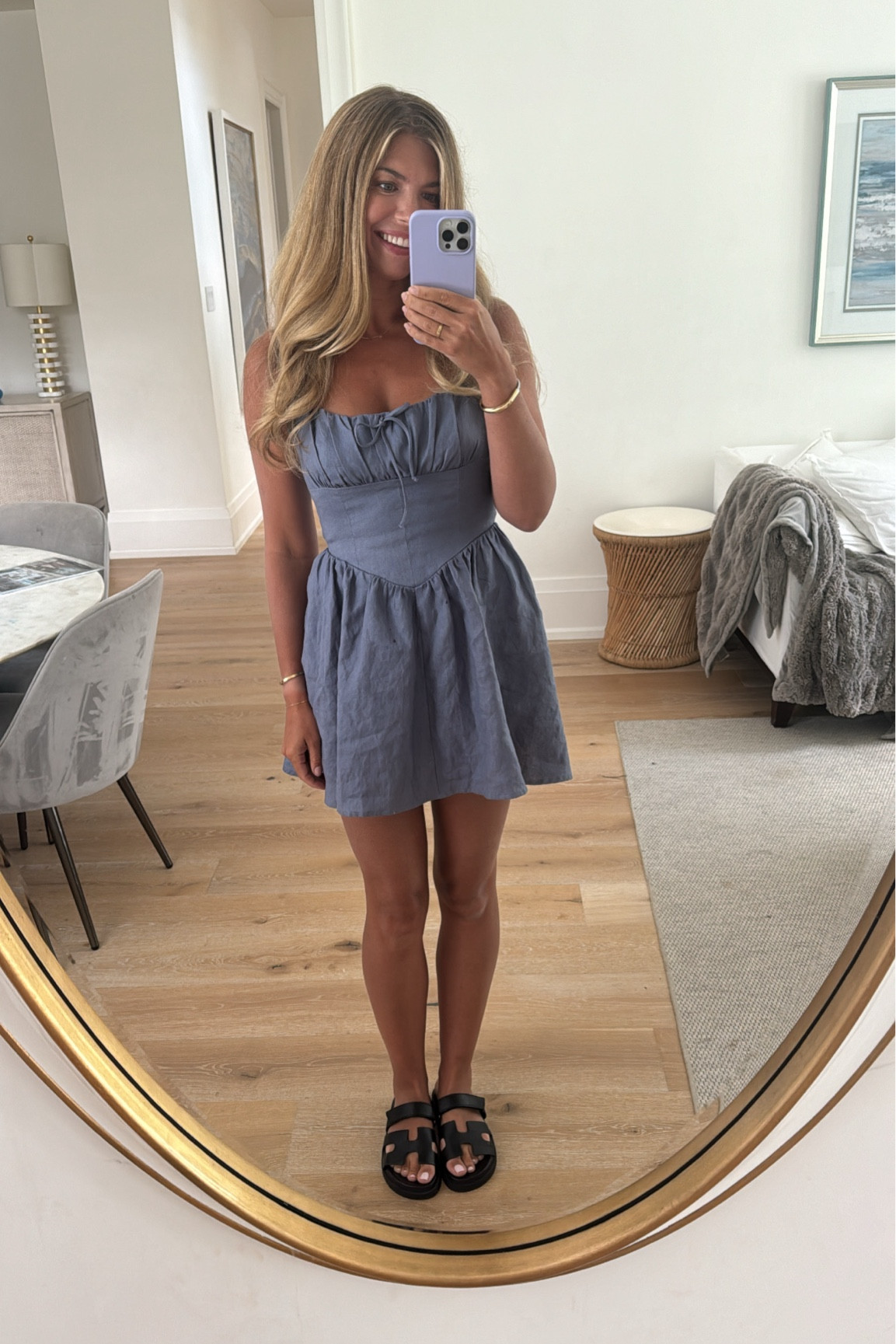 Perfect summer dress! I wore a size 6, sandals are super comfortable and TTS!