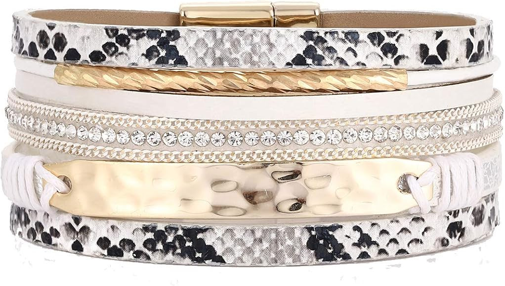 Leather Wrap Bracelet for Women Crystal Wide Cuff Bracelets Multi-Layer Leopard Bangles Wristband... | Amazon (US)