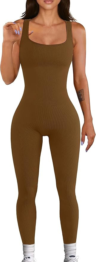 Women Workout Seamless Jumpsuit Yoga Ribbed Bodycon One Piece Tank Top Leggings Romper | Amazon (US)