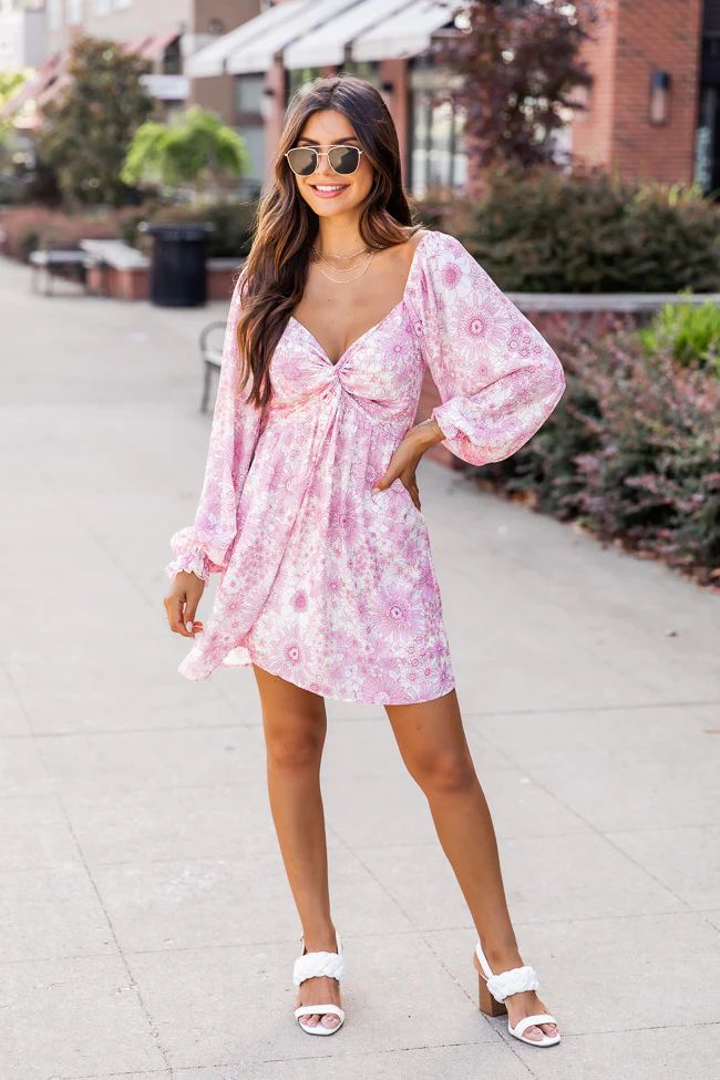 Hard To Find Pink Floral Print Long Sleeve Mini Dress | Pink Lily