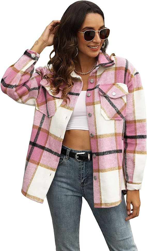 Amazon.com: Uaneo Womens Plaid Shacket Button Down Wool Blend Fall Flannel Shirt Jacket (Khaki-L)... | Amazon (US)