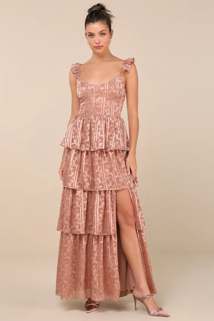 Stunning Glory Dusty Pink Floral Jacquard Tiered Maxi Dress | Lulus