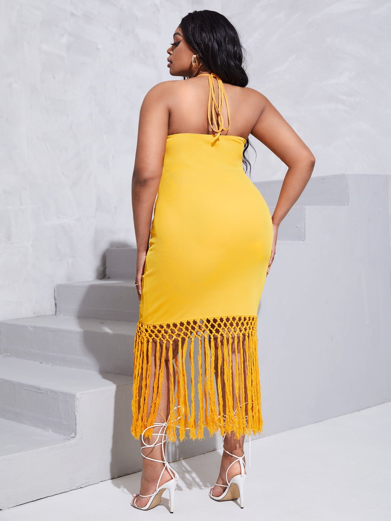 SHEIN SXY Plus Tassel Trim Tie Back Halter Dress | SHEIN