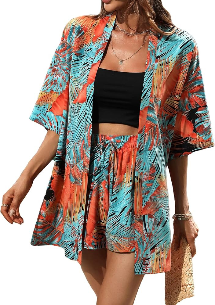MakeMeChic Women's Plus Size Boho Summer 2 Piece Outfits Tropical 3/4 Sleeve Kimono Cardigan Shir... | Amazon (US)