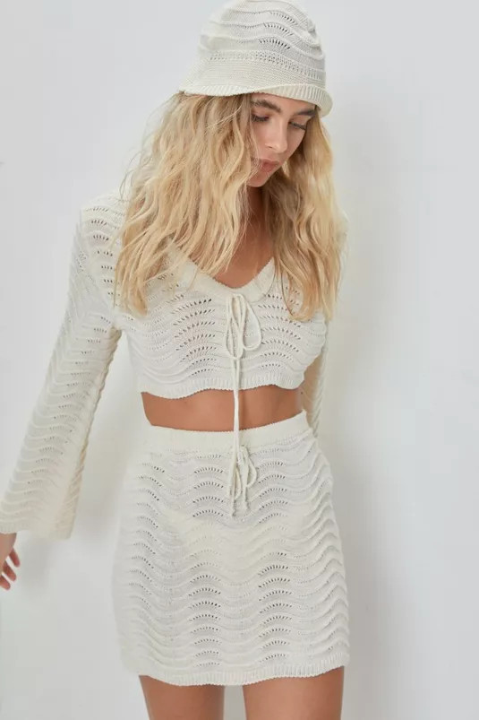 Wave Crochet Crop Top Mini Skirt and Bucket Hat 3 Pc Set | Nasty Gal (US)