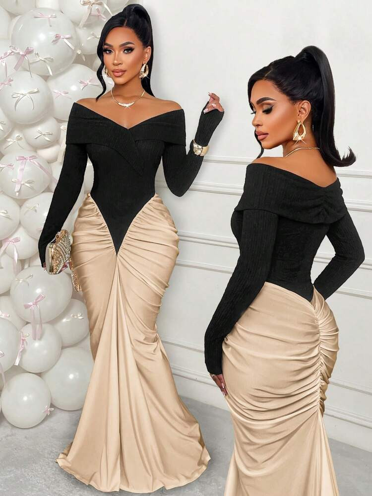 AIJ Amarilo Black & White Patchwork Sexy Off-Shoulder Ruffle Asymmetric Pleated Waist Fitted Elegant Party Maxi Dress, Made Of Stretchy Knit Fabric, Suitable For Christmas, New Year, Graduation Ceremony, Prom And Autumn/Winter Wear | SHEIN