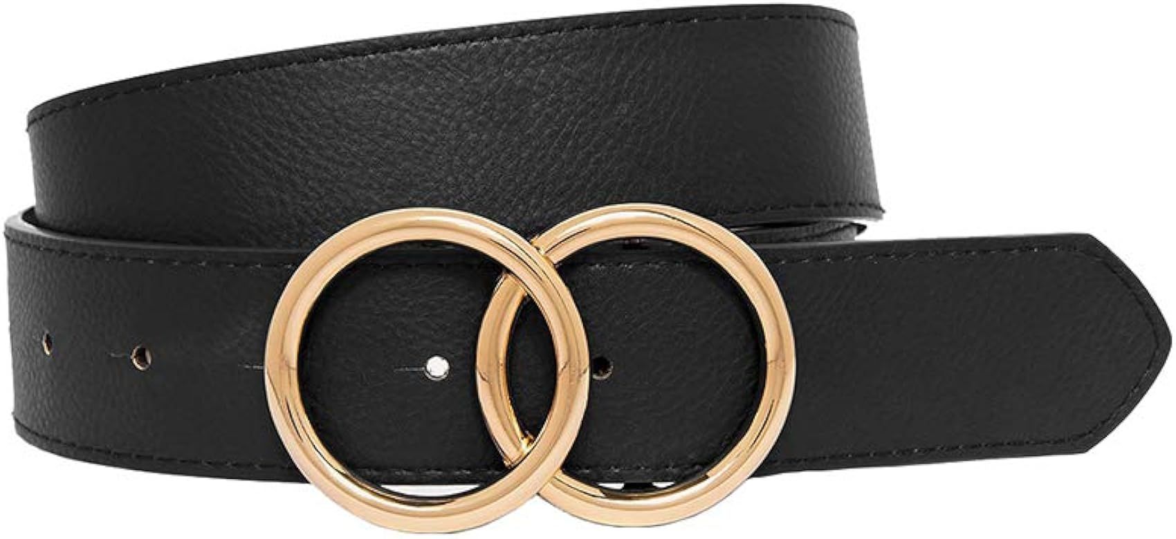 Gold Fashion Double O-Ring Round Buckle Women's Black Pu Leather Stylish Jeans Belt For Lady Pant... | Amazon (US)