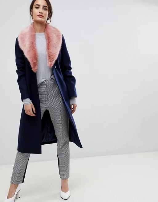 ASOS DESIGN detachable faux fur collar coat with tie belt | ASOS US