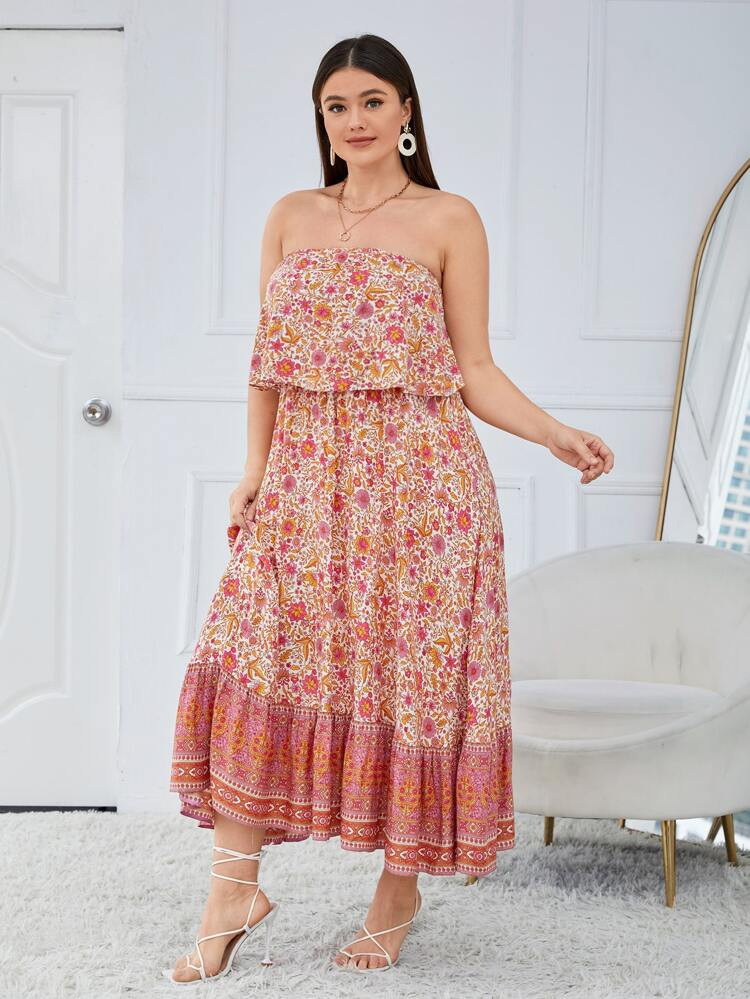 Plus Floral Print Ruffle Hem Tube Dress | SHEIN