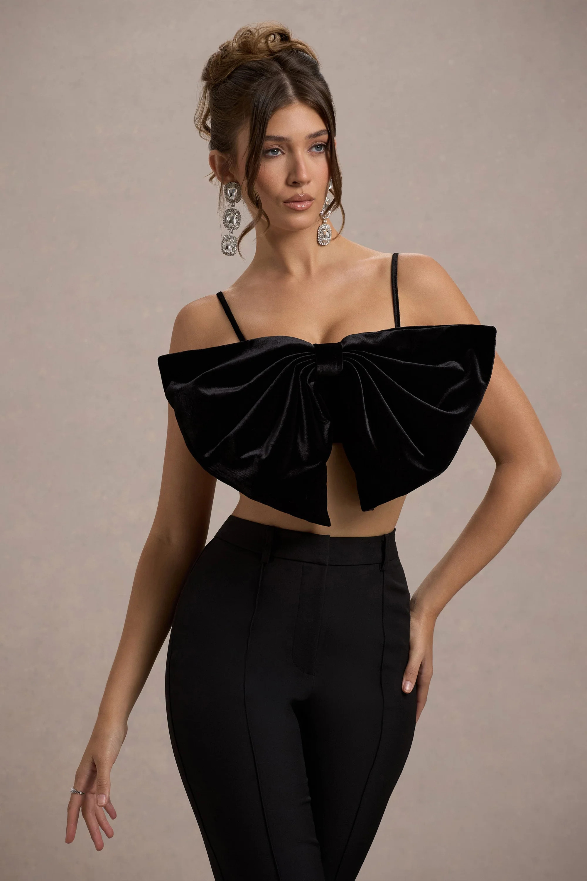 Adya  Black Velvet Strappy Bow Crop Top | Club L London