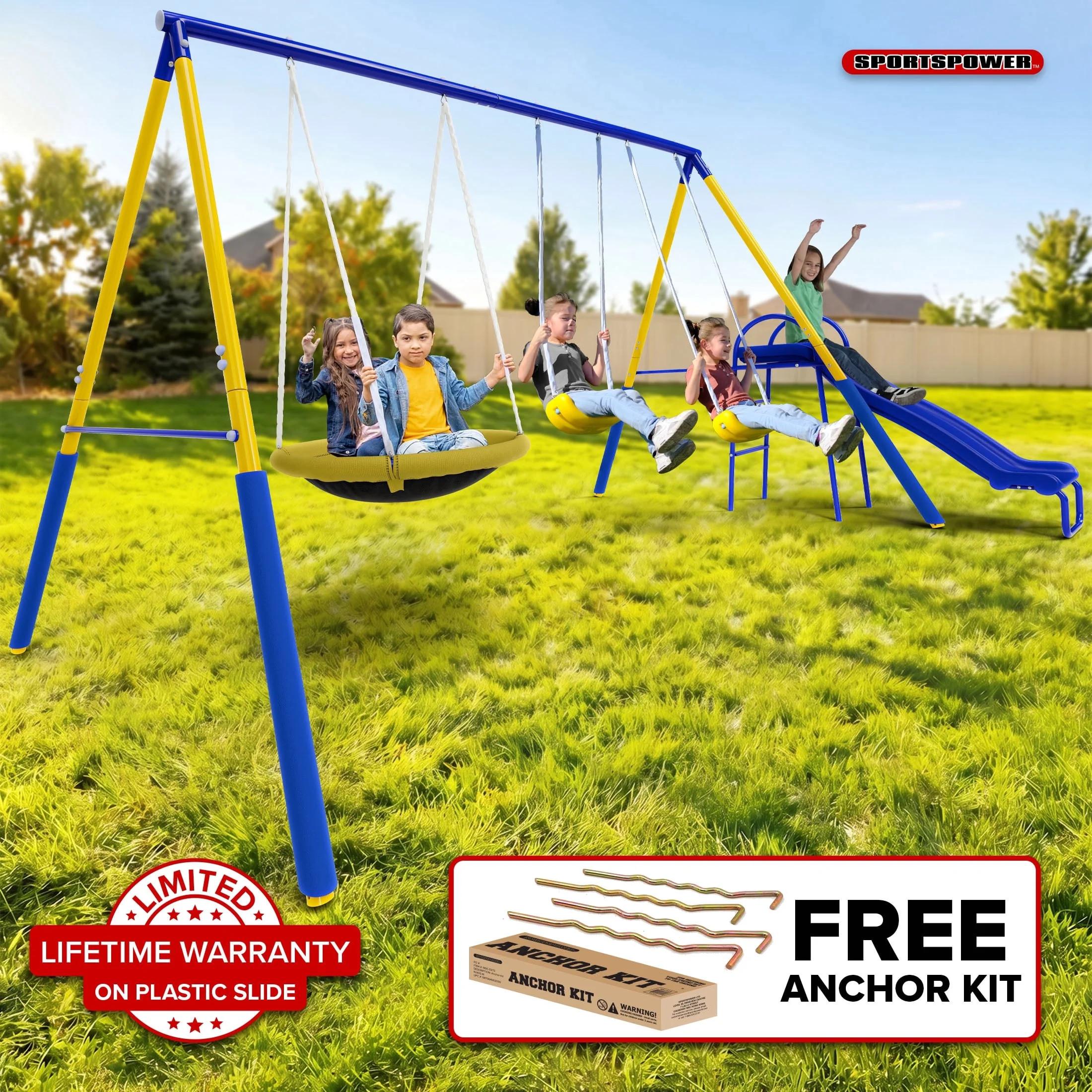 Sportspower Super Saucer Metal Swing Set with 2 Swings, Saucer Swing and a 1pc Heavy Duty Slide | Walmart (US)