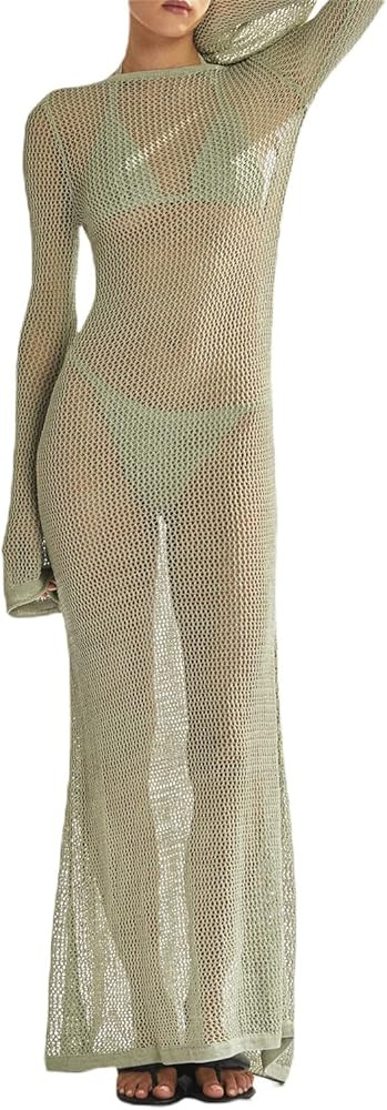 NUFIWI Women Crochet Knitted Long Sleeve Dress Hollow Backless Cover Up Long Dress Ruffle Beach P... | Amazon (US)