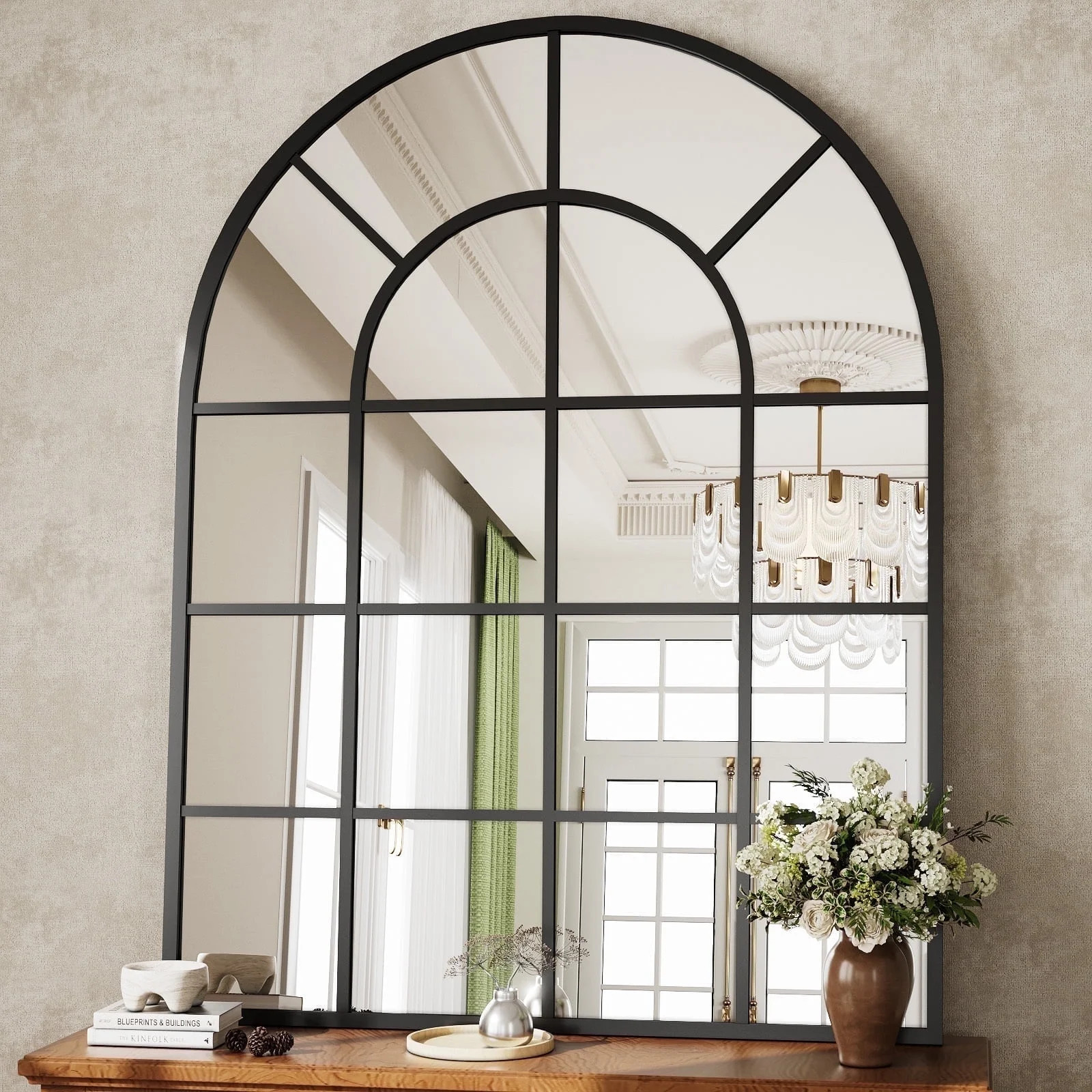 BEAUTYPEAK 40" x 30" Arched Windowpane Mirror Decor Wall Mirror, Black | Walmart (US)
