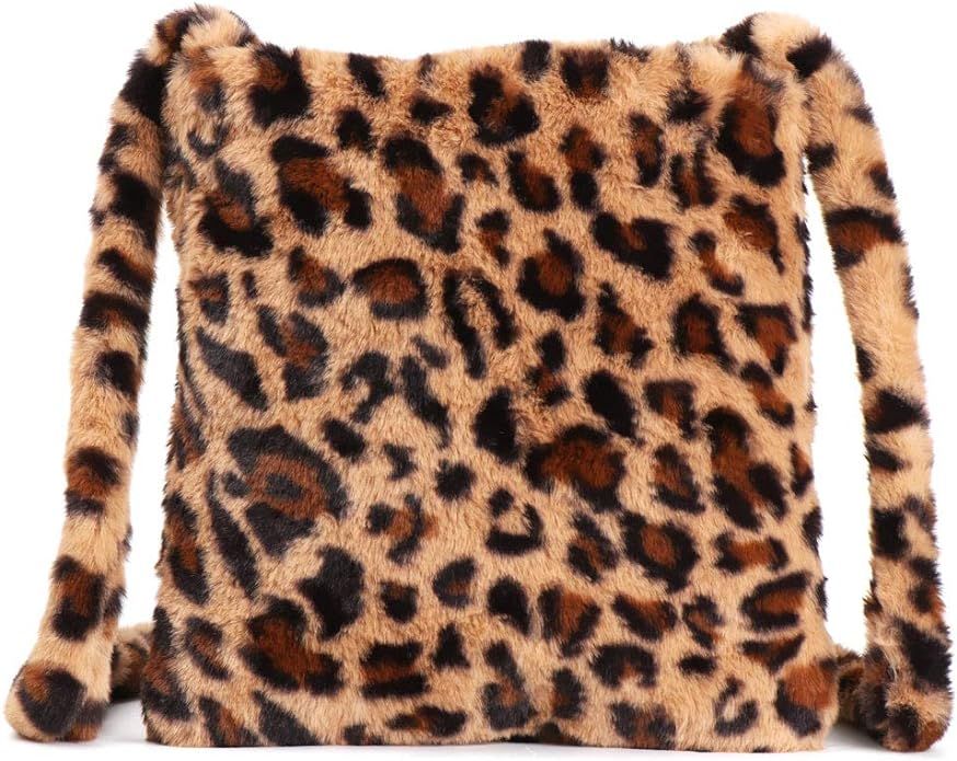 Women Leopard Print Clutch Handbag Plush Faux Fur Tote Bag Soft Warm Shoulder Crossbody Purse | Amazon (US)