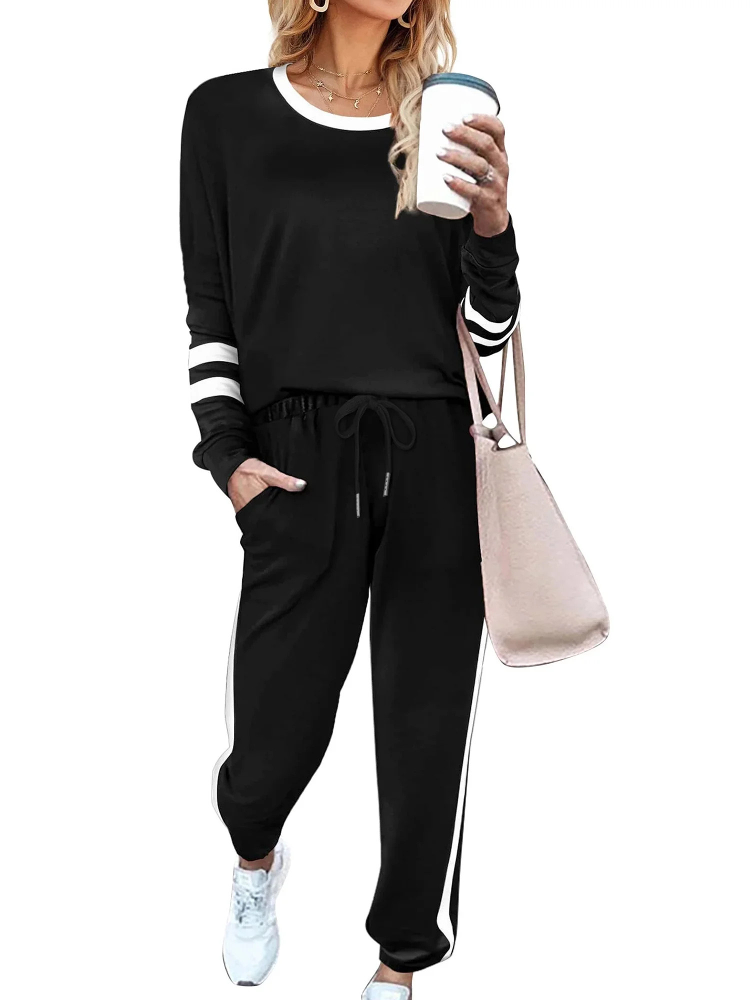 UVN Sweatsuits 2pcs Sets Womens Jogger Set Casual 2 Piece Outfit Striped Sweatshirts Long Pants T... | Walmart (US)