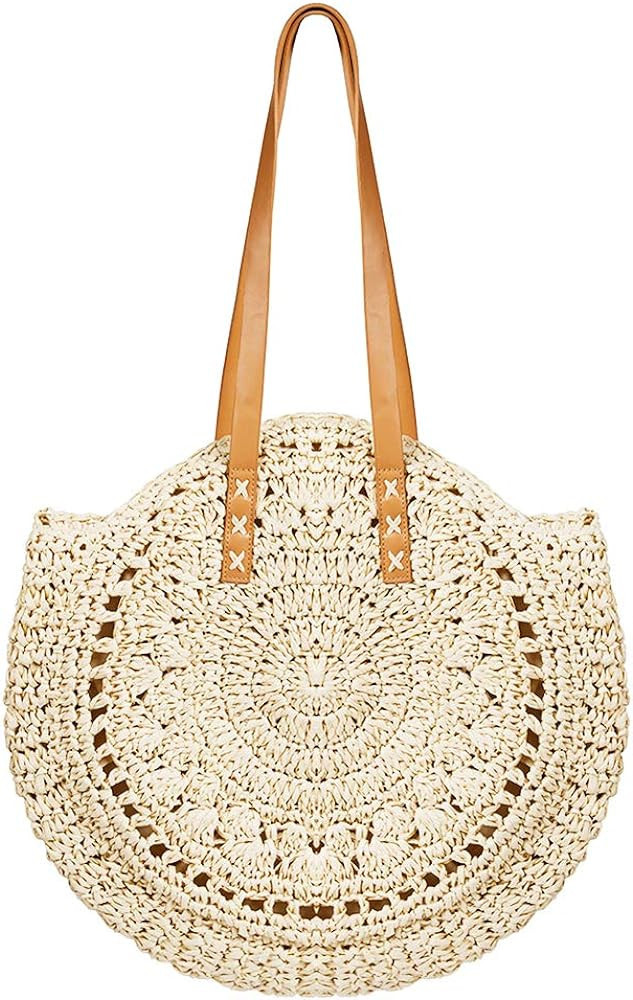 Round Straw Bag Large Woven Summer Beach Tote Handbags Handle Shoulder Bag for Women Vacation | Amazon (US)