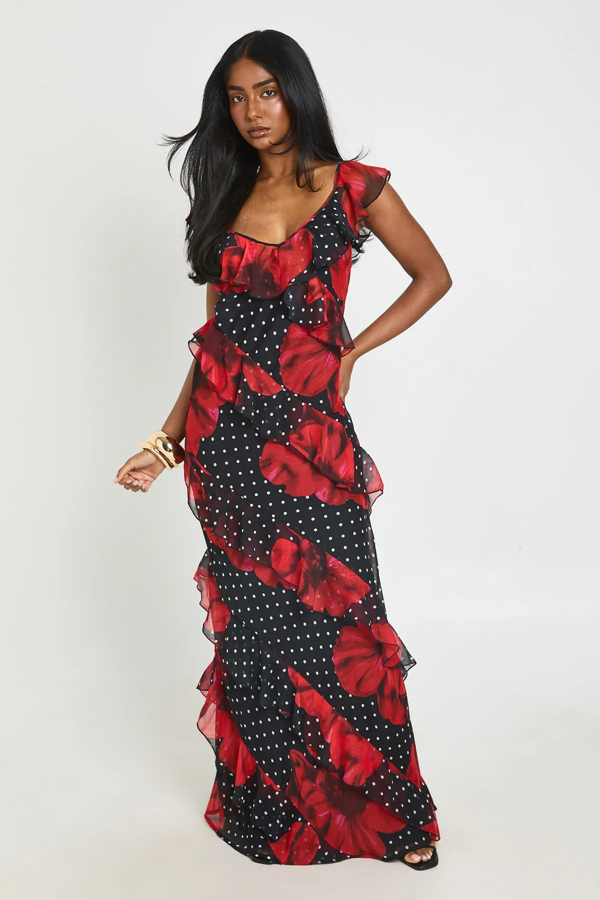 Chiffon Ruffle Floral Polka Dot Maxi Dress | Boohoo.com (UK & IE)