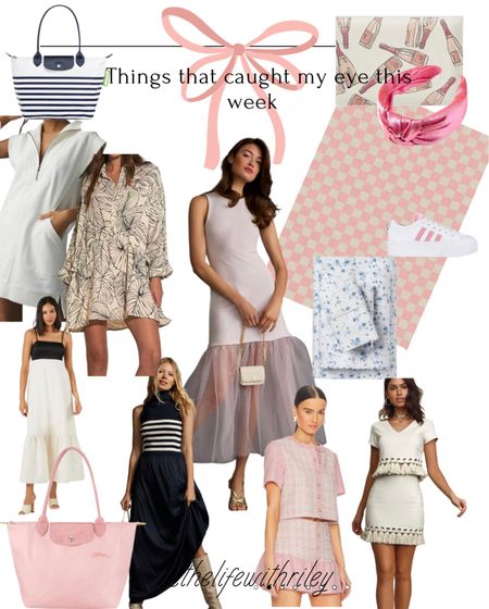 Things that caught my eye this week 

👜 navy blue and white stripe longchamp 
👙 white coverup dress
🌺 black floral summer dress 
🔲 black and white colorblock maxi dress 
👛 light pink longchamp bag 
💙 navy and white maxi sweater dress 
💜 lilac tulle midi dress 
💗 white and pink checkered rug 
🍾 rosé all day bath mat 
🎀 pink knot headband 
🩵 blue and white floral sheets 
👟 pink and white adidas sneakers 
🤍 white tassel matching set 
👚pink and white matching set 

Summer outfit, summer dress, vacation outfit, classic style, classic outfit, pink decor, preppy outfit, preppy style 

#LTKhome #LTKFind #LTKstyletip