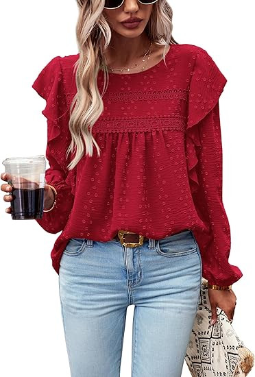 PRETTYGARDEN Women's Long Sleeve Blouses Ruffle Swiss Dot Crochet Loose Fit Tunic Dressy Casual T... | Amazon (US)