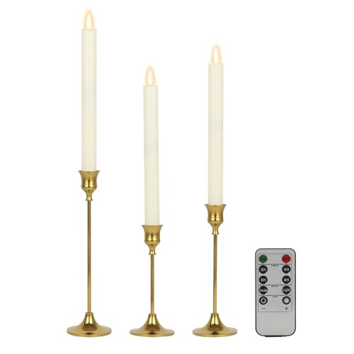 Gold Candlestick Holder Set - Brass Candlestick Holders with 4 Flameless Taper Candles, Gold Candle Stick Holders for Elegant Decor - Gold Taper Candle Holder for Weddings, Parties, and Home | Amazon (US)