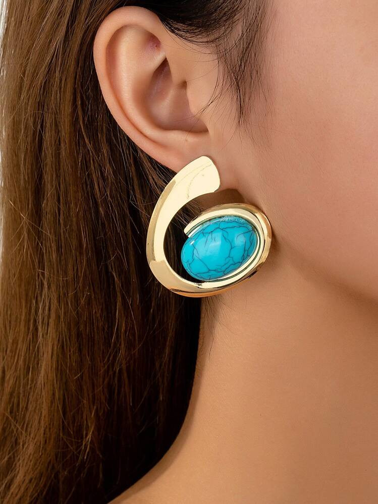 Fashionable Exaggerated Trendy Jewelry, Unique Personality Design Inlaid Turquoise Ear Decoration... | SHEIN