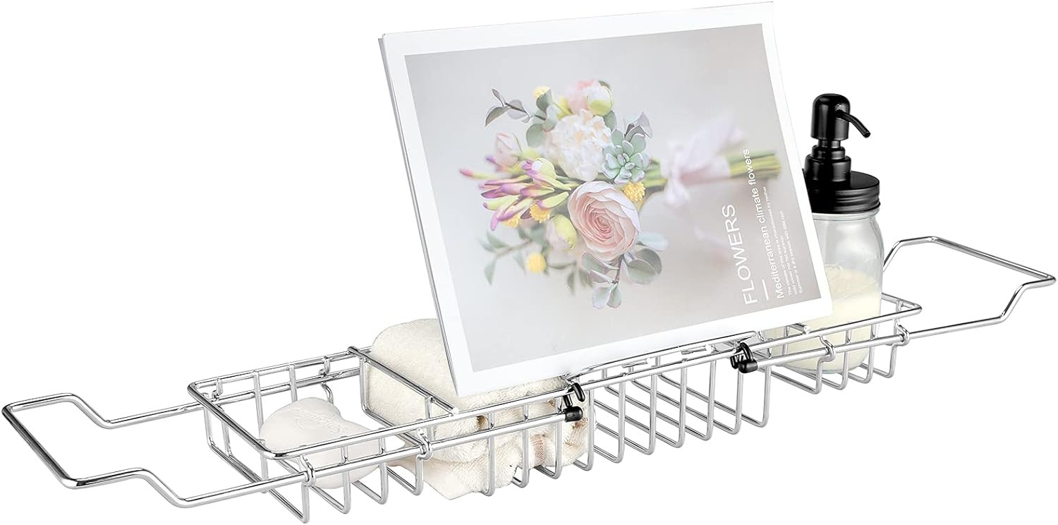 HOMEE Stainless Steel Shower Caddy Tray with Removable Book Holder Silver | Amazon (US)