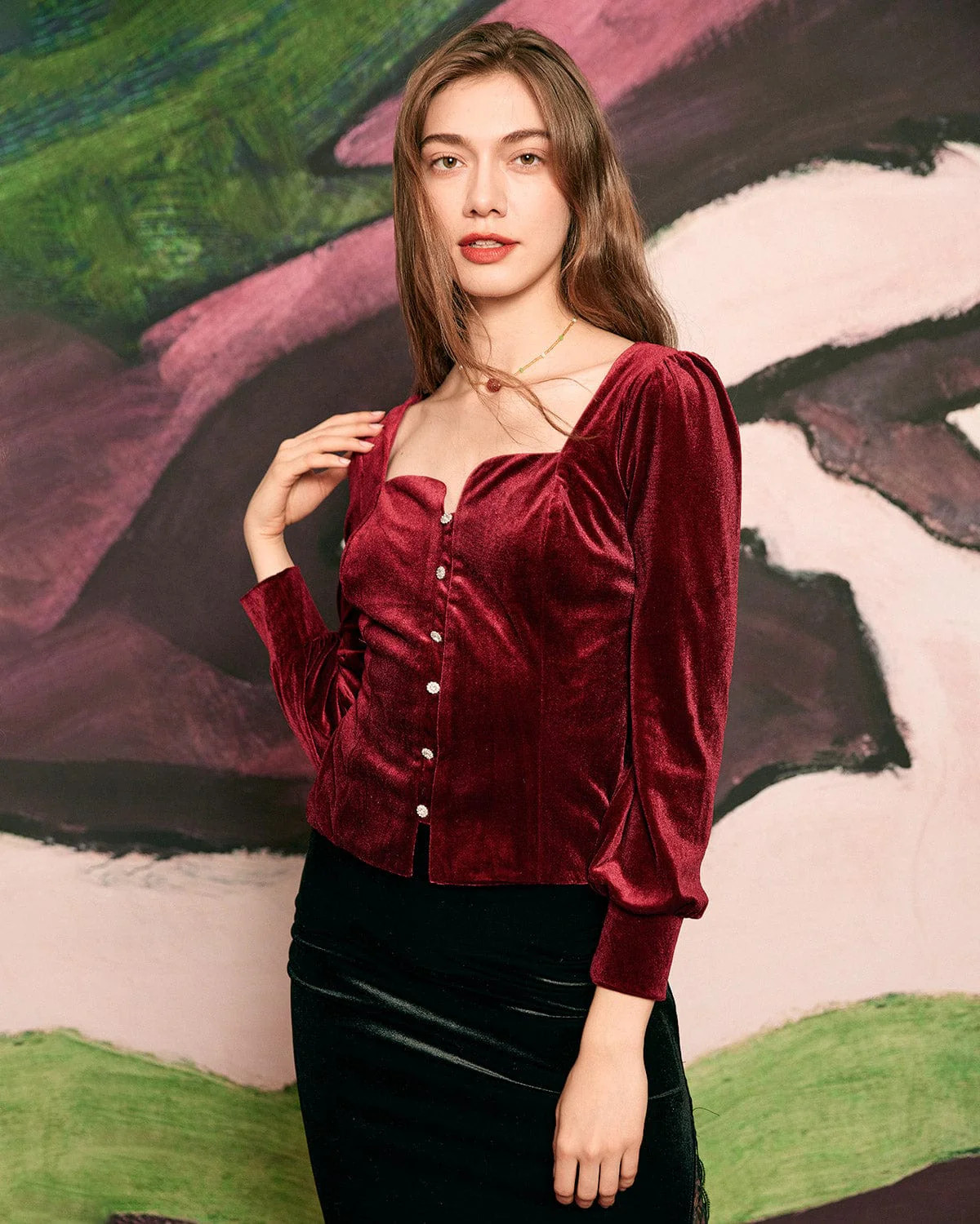 The Solid Lantern Sleeve Velvet Blouse - Women's Red Velvet Long Sleeve Solid Tops - Red - Tops |... | rihoas.com