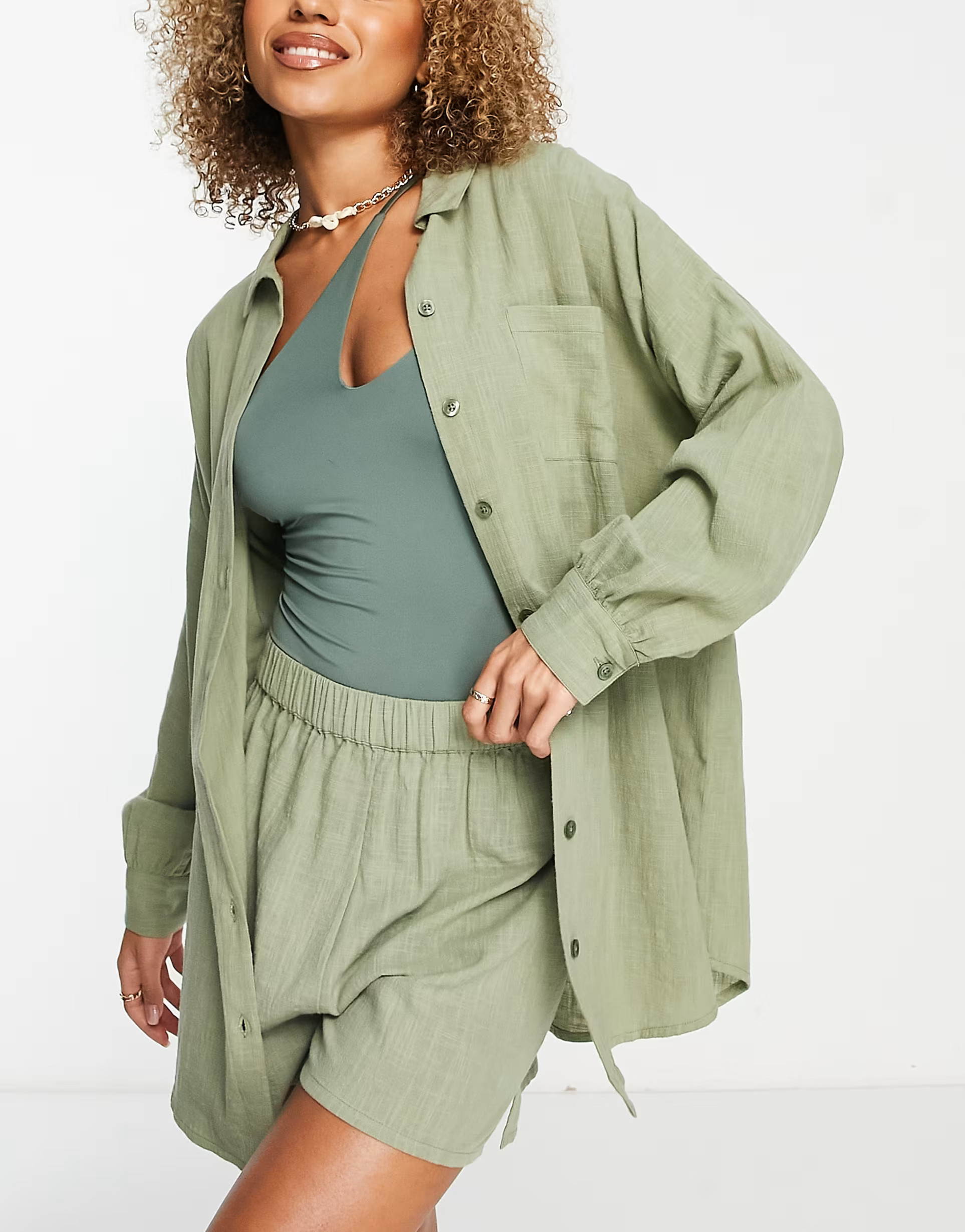 ASOS DESIGN textured button through beach set in khaki | ASOS (Global)