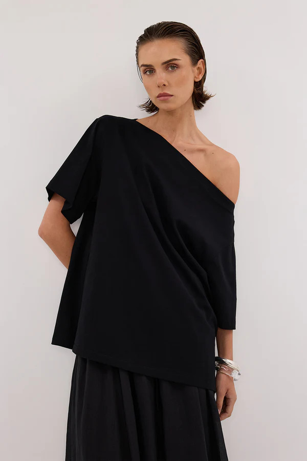 ESME BLACK ASYM BOAT NECK TEE | DISSH