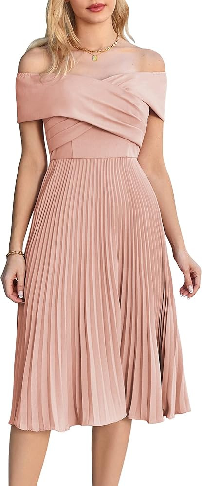 GRACE KARIN 2023 Off Shoulder Wedding Guest Dresses Pleated A-Line Cocktail Dresses for Women Eve... | Amazon (US)