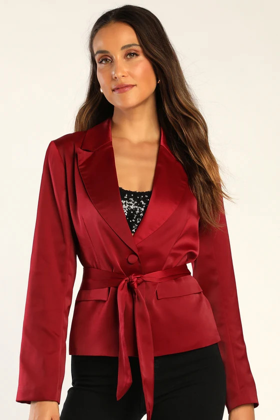 Chic Aspirations Wine Red Satin Blazer | Red Jacket | Holiday Blazer Holiday Jacket Winter Jacket | Lulus (US)