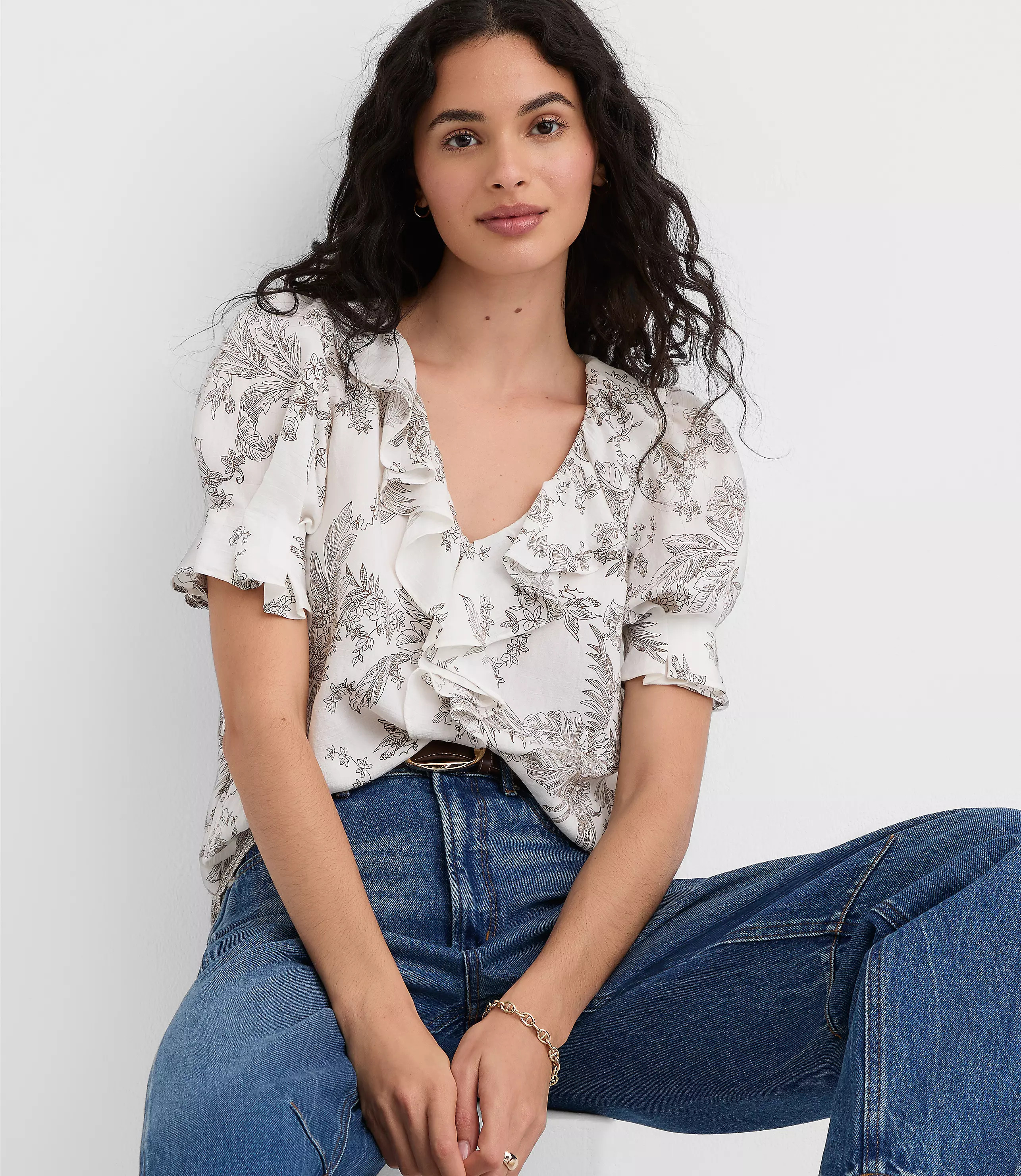 Floral Toile Pintucked Ruffle Blouse | LOFT