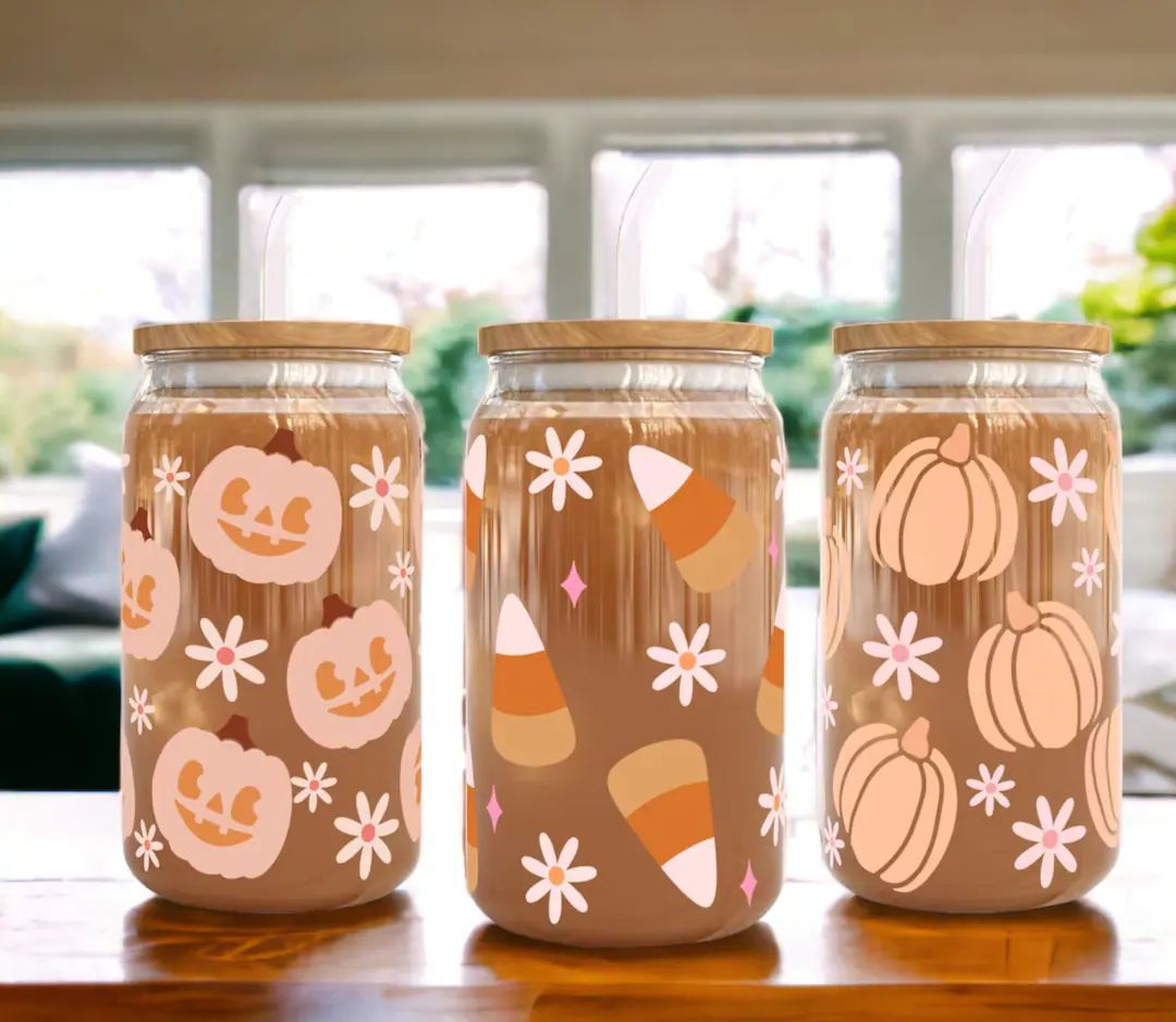 Fall Glass Cups with Lid and Straw, Iced Coffee Cup, Custom Glass Tumbler, Pumpkin Spiced Latte C... | Etsy (US)