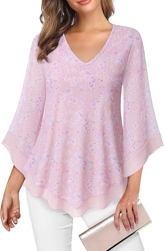 Lotusmile Womens Dressy Blouse Double Layers Mesh Shirt Ruffle 3/4 Flared Sleeve Tunic Tops      ... | Amazon (US)