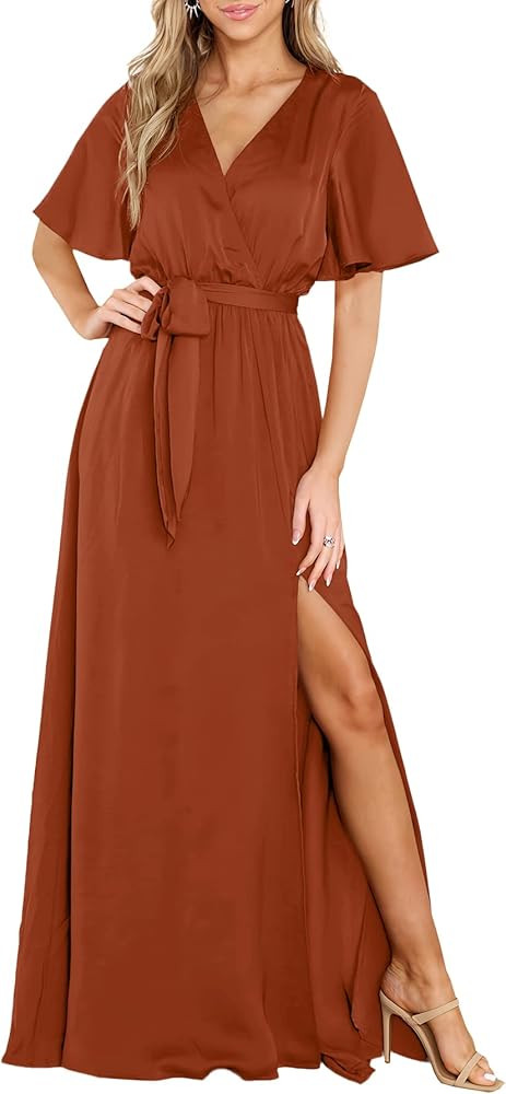 MITILLY Women's Summer Satin Wrap V Neck Ruffle Short Sleeve Slit Flowy Beach Party Cocktail Maxi... | Amazon (US)