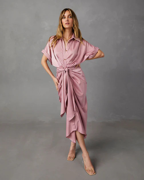 Manhattan Satin Drape Button Down Midi Dress - Dusty Mauve | VICI