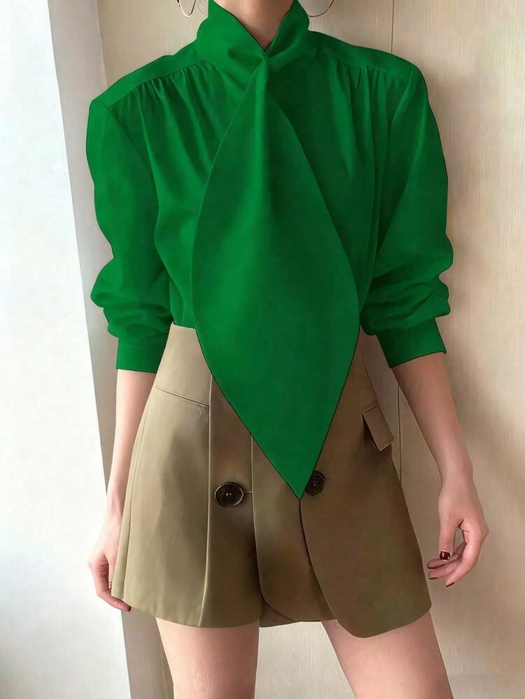 Plus Size Elegant Women Long Sleeve Shirt With Decorative Tie Collar - Solid Color | SHEIN