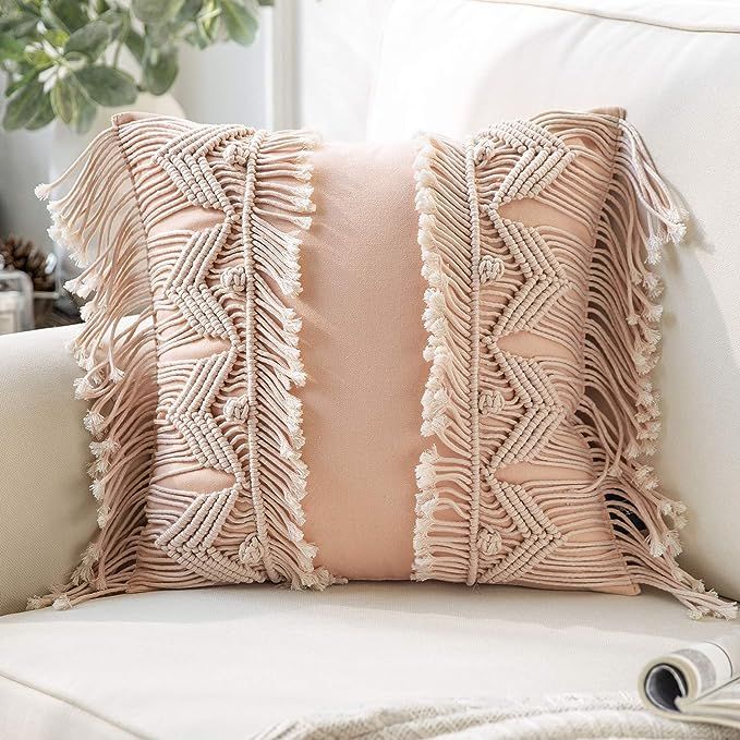 Phantoscope 100% Cotton Handmade Symmetry 3D Crochet Woven Boho Throw Pillow Farmhouse Pillow Ins... | Amazon (US)