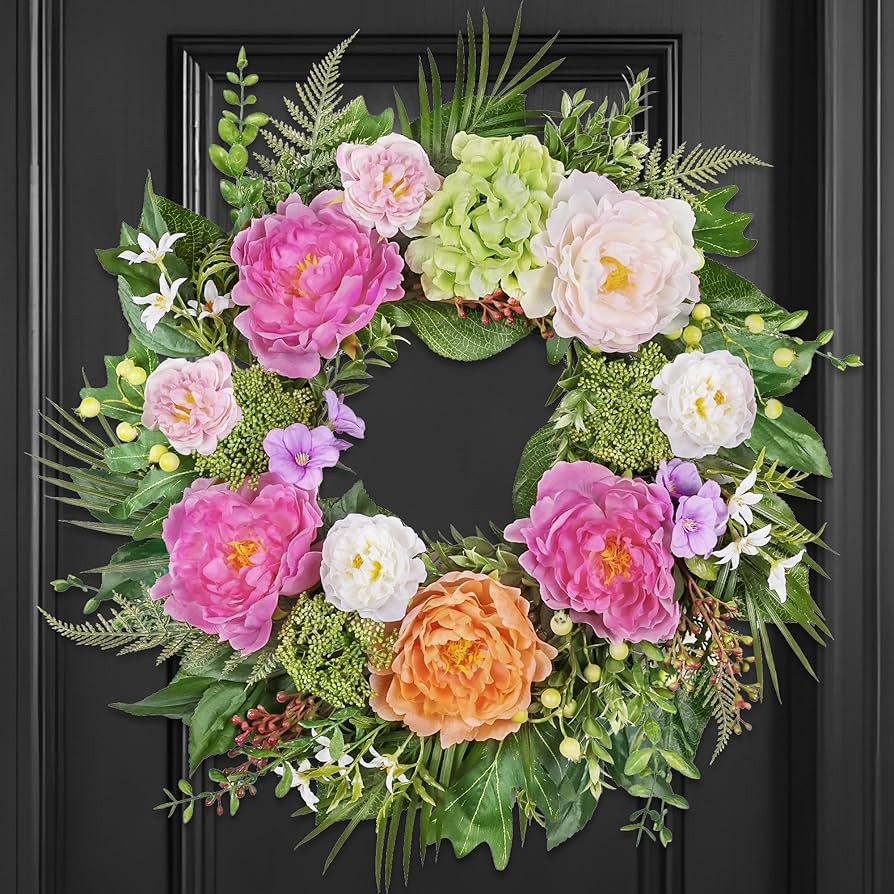 24 Inch Spring Wreaths for Front Door: Realistic Silk Peonies & Hydrangeas with Berry Greenery, F... | Amazon (US)