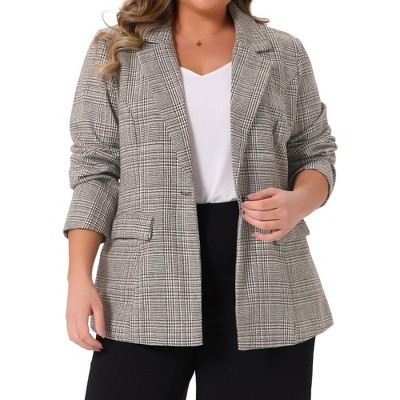 Women's Plus Size Plaid Lapel Notch Long Sleeve Button Down Business Casual Blazers with Pockets - Agnes Orinda 1X Brown Beige | Target