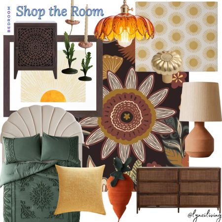 Shop the Room - Bedroom 

Home decor, home decorations, bedroom decor, bedroom furniture, bedroom inspiration, bedroom inspo, bedroom design, floral bedroom, orange bedroom, green bedroom, yellow bedroom, Wayfair furniture, Wayfair nightstand, boho bedroom, boho nightstand, dark brown nightstand, sun wall art, framed wall art, boho wall art, boho comforter, green comfort, mustard pillow, yellow throw pillow, Amazon finds, Amazon pillow, carrot throw pillow, orange throw pillow, dark wood dresser, cane dresser, terracotta table lamp, orange table lamp, floral wallpaper, boho wallpaper, Amazon wallpaper, gold flower knob, sun throw blanket, boho throw blanket, orange flower pendant light, orange pendant light, Amazon pendant light, poppy candle holder, flower taper candle holder 

#LTKhome