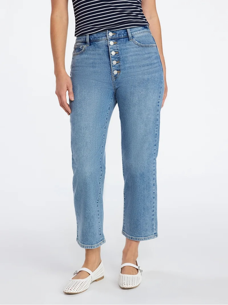 Time and Tru Women's High Rise Button Fly Cropped Jeans, 26.5" Inseam, Sizes 0-22 | Walmart (US)
