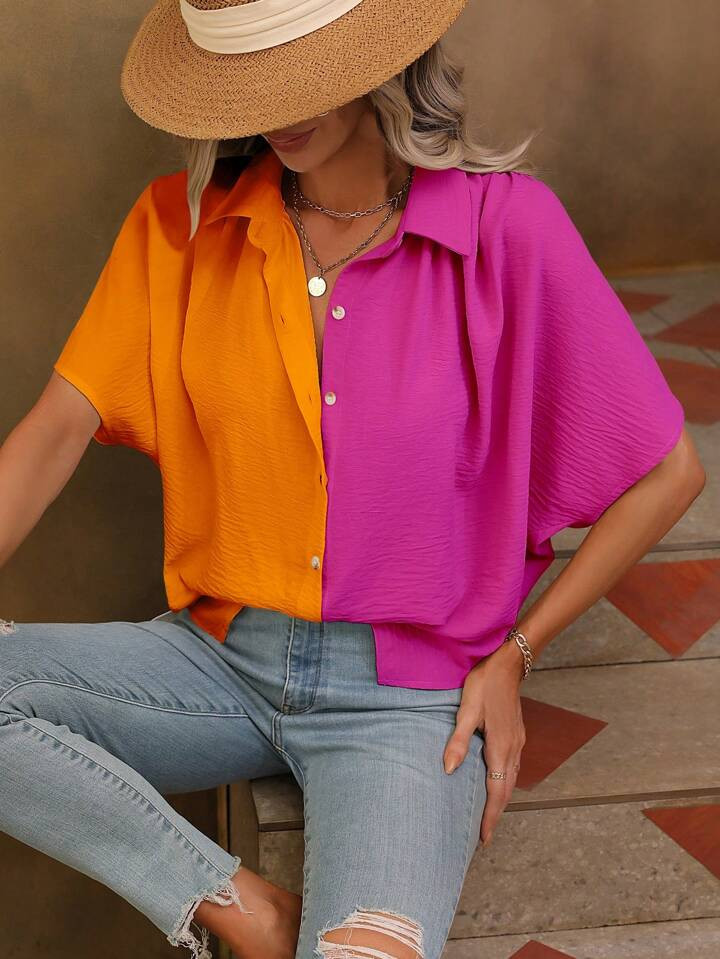 SHEIN LUNE Two Tone Batwing Sleeve Shirt | SHEIN