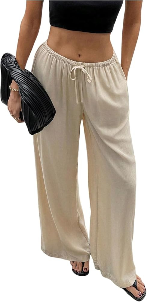 SHENHE Women's Summer Linen Low Rise Drawstring Wide Leg Beach Palazzo Pants Trousers | Amazon (US)
