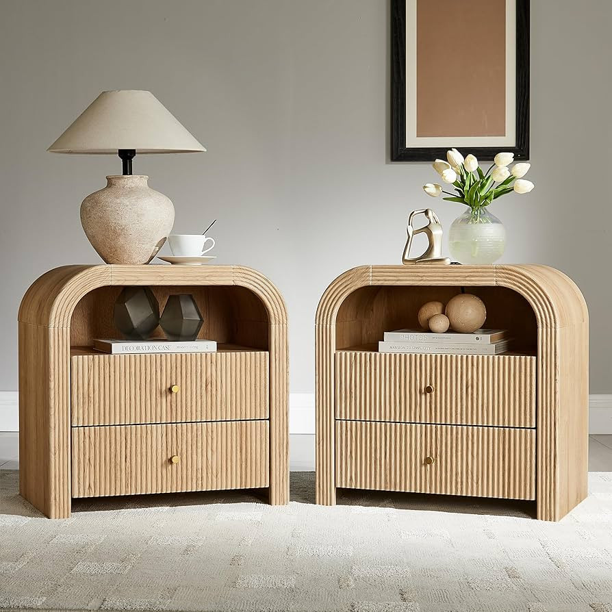 T4TREAM 24" Fluted Nightstand Set of 2, Large 2 Drawers Bedside Table with Charging Station, Mode... | Amazon (US)