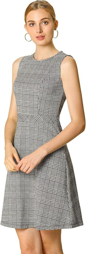 Allegra K Women's Plaid Dress Sleeveless A Line Vintage Houndstooth Work Dresses | Amazon (US)