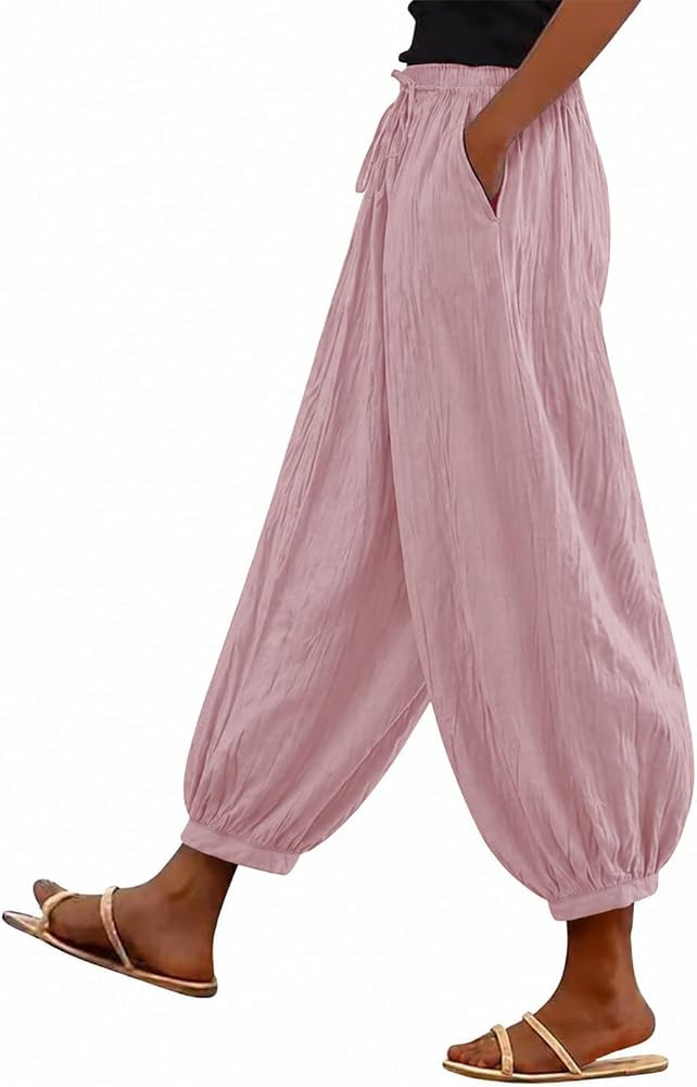 Womens Baggy Linen Balloon Barrel Beach Pants Drawstring Loose Wide Leg Boho Harem Pants with Poc... | Amazon (US)