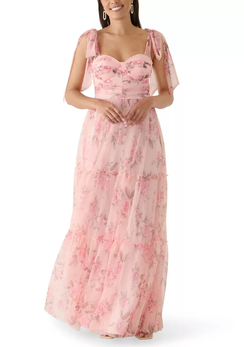 Women's Sweetheart Neckline Tiered Print Mesh Gown | Belk
